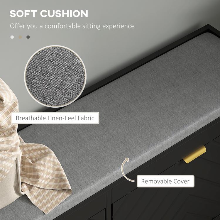 Upholstered bench seat with removable cover and breathable linen-feel fabric top, dark base