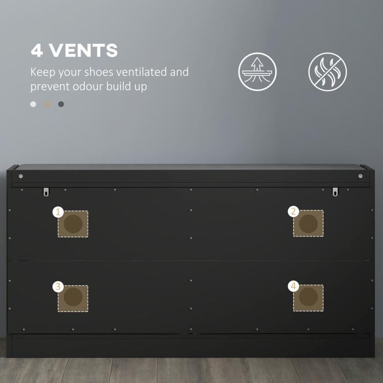 Shoe storage bench with ventilated base panels for airflow under drawers, dark
