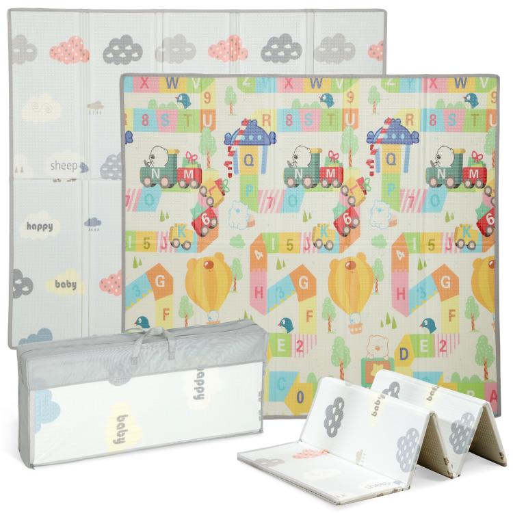 Foldable baby play mat with alphabet letters and clouds, foam panels folded in storage