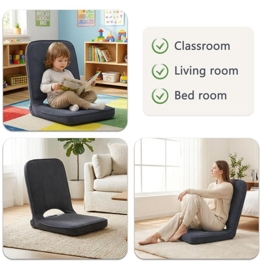 Grey floor chair with padded backrest and seat for comfortable lounging