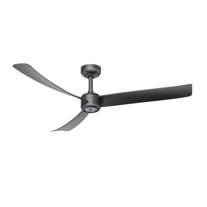 Low-profile ceiling fan with LED light and three dark blades on a black mount