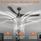 Ceiling fan with LED light, three curved blades, and airflow shown around the hub