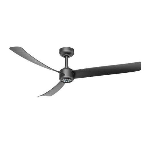 Low-profile ceiling fan with LED light and three dark blades on a black mount