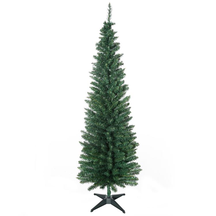 Slim artificial pencil Christmas tree with dense green foliage and black tripod stand
