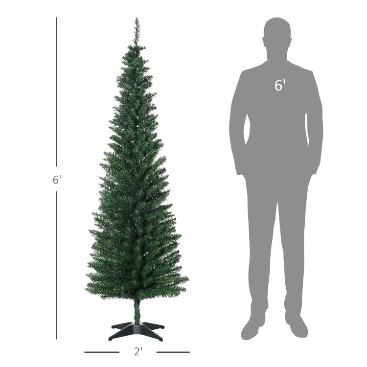 Slim artificial pencil Christmas tree, 6-ft tall scale view with tripod base