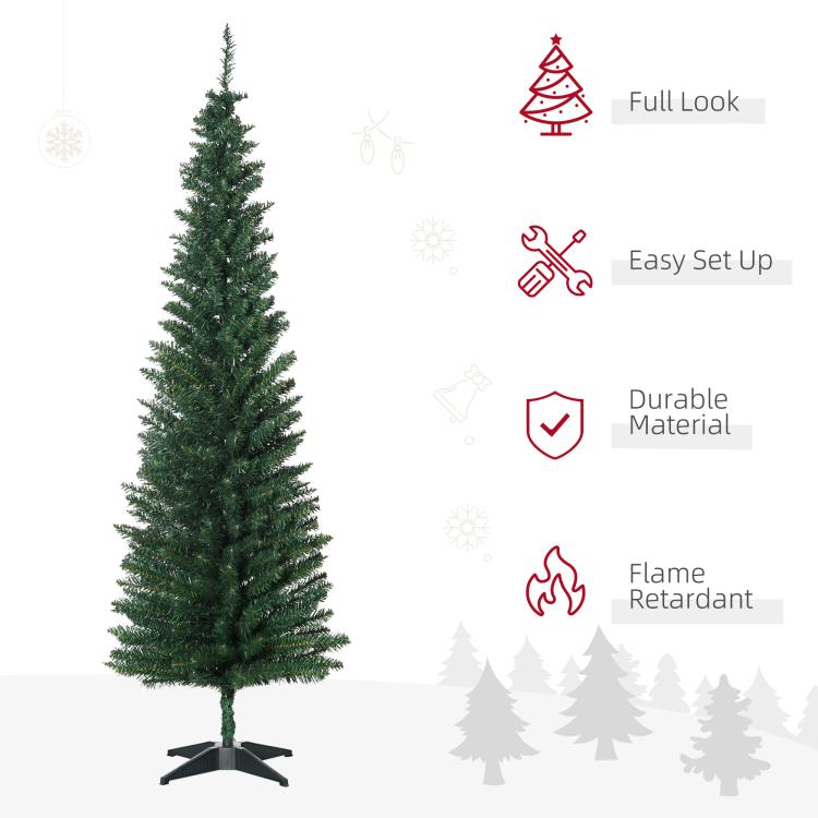 Slim artificial pencil Christmas tree with green needle-like branches and tripod stand