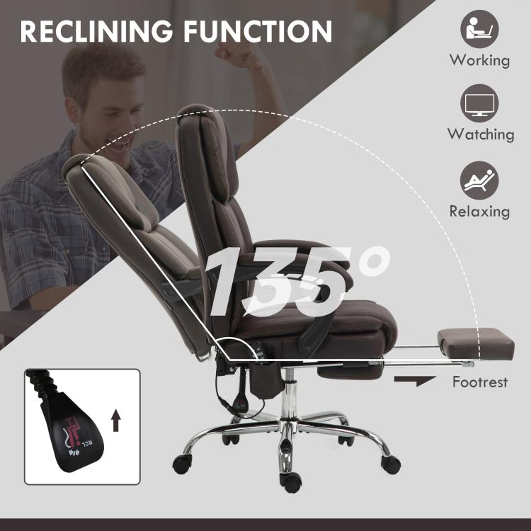Brown PU leather reclining office chair angled back with footrest and armrests