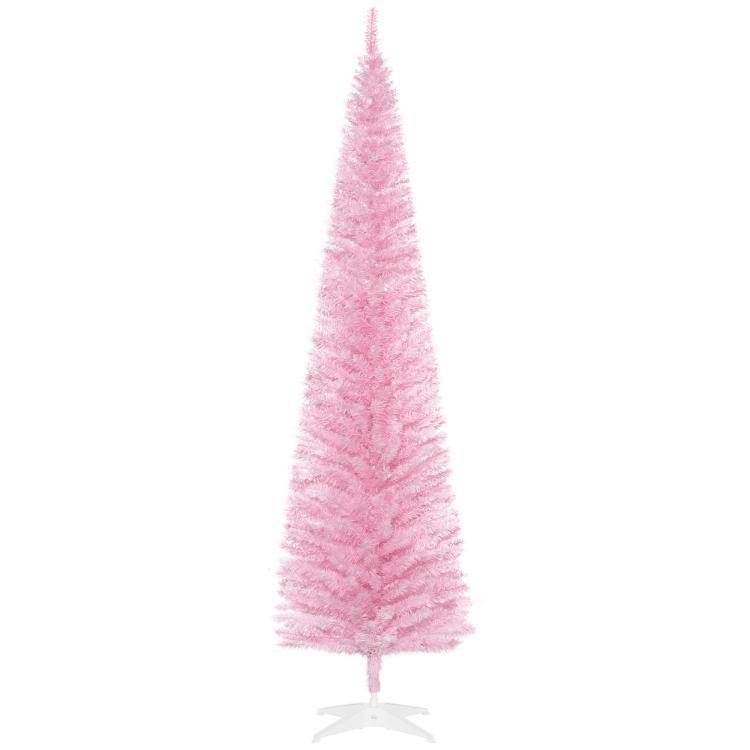 Pink artificial pencil Christmas tree with narrow conical shape and base stand