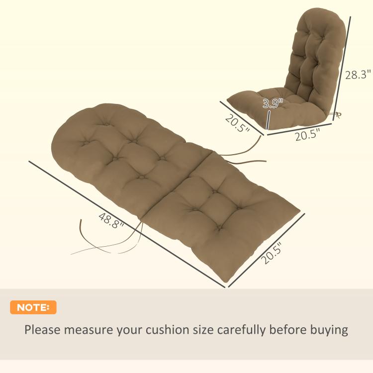 Khaki tufted high-back chair cushion with seat pad and tie loops, with size diagram