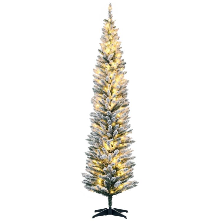 Slim artificial pencil Christmas tree with warm white lights and dark green stand