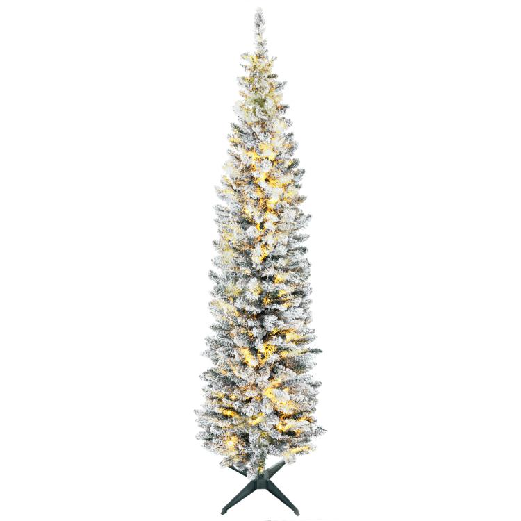 Slim pre-lit pencil Christmas tree with warm white lights and star-style stand
