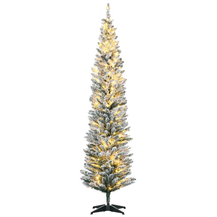 Slim artificial Christmas tree with warm white lights and snow-dusted green needles