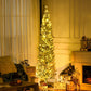 Tall slim artificial Christmas pencil tree with warm white light strands