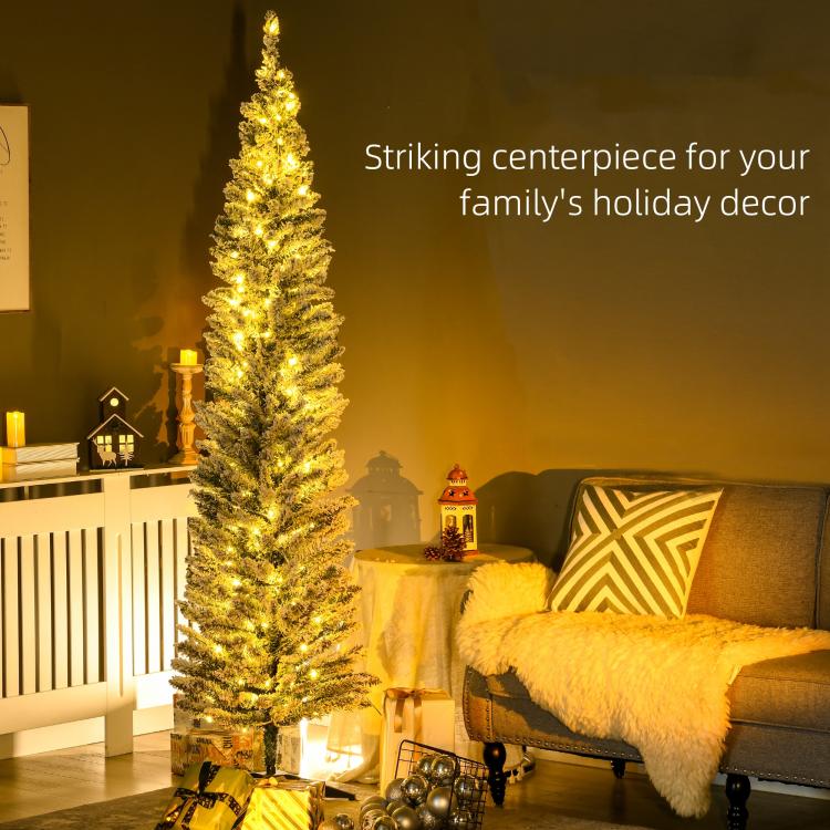 Slim artificial pencil Christmas tree with warm white LED lights and dark stand
