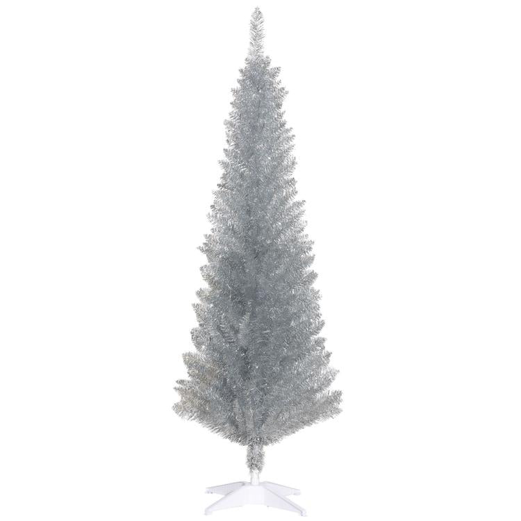 Silver unlit pencil artificial Christmas tree with dense textured branches and white base