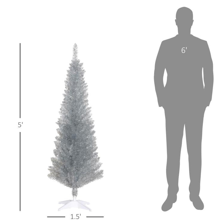 Compact silver unlit pencil artificial Christmas tree, 5 ft height with white tripod base