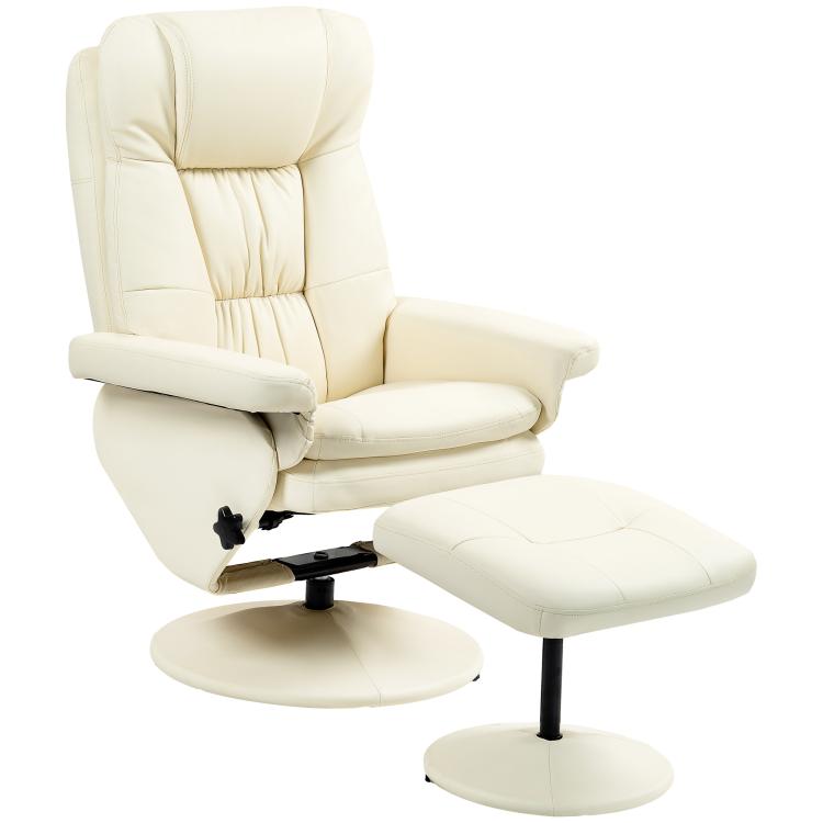 Cream white PU leather swivel recliner chair with footrest ottoman and round base.
