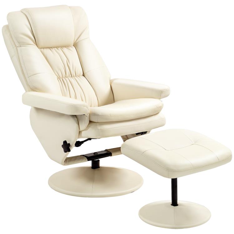 Cream PU swivel recliner with rounded Ottoman and round wrapped base