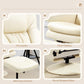 Cream white recliner chair features panel showing matching ottoman and round wrapped base.