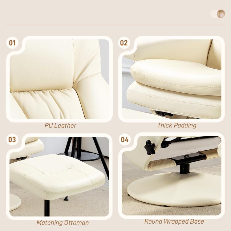 Cream white recliner chair features panel showing matching ottoman and round wrapped base.