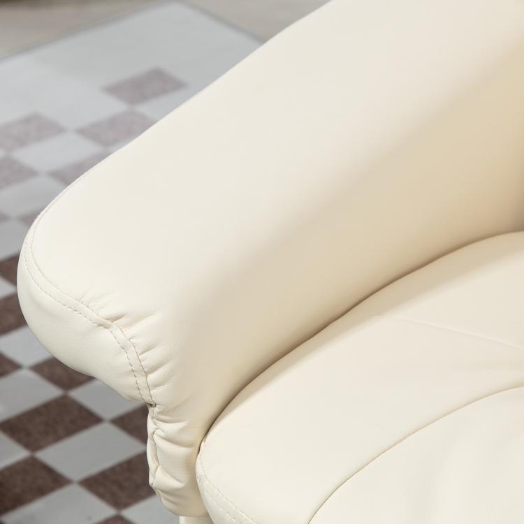 Cream white PU leather recliner armrest and padded seat cushion close-up.