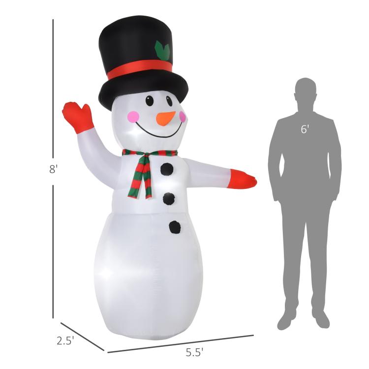Inflatable snowman yard decoration with black top hat, orange nose, red button detail