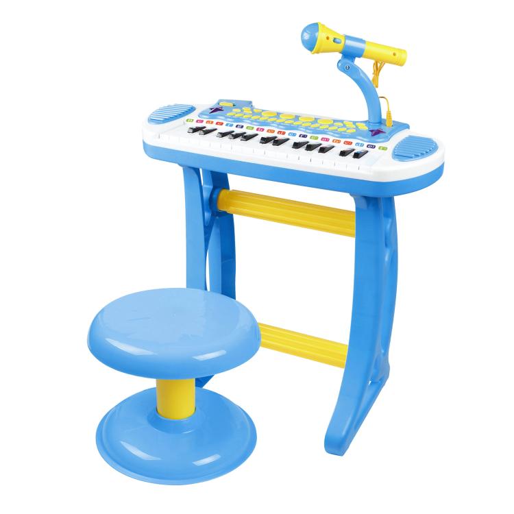 Blue kids electronic toy keyboard piano with microphone arm and round stool