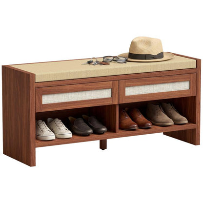 Brown shoe storage bench with cushioned seat, open shelf, and two drawer fronts