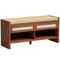 Brown shoe bench with beige cushioned top, two rattan drawers, and open storage shelf