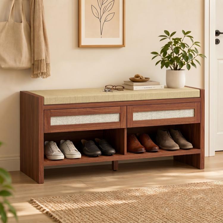 Brown shoe bench with cushioned seat, open cubbies for shoes, and two drawer fronts