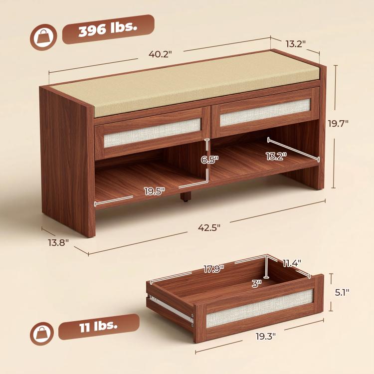 Shoe storage bench with cushioned seat, open shelf, and two drawers shown with measurements