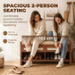 Brown shoe storage bench with cushioned seat, open shelf, and two-person seating