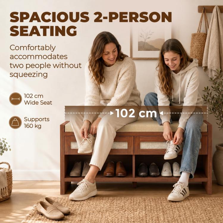 Brown shoe storage bench with cushioned seat, open shelf, and two-person seating