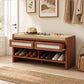 Brown shoe storage bench with cushioned seat, open shelf cubbies, and drawer fronts