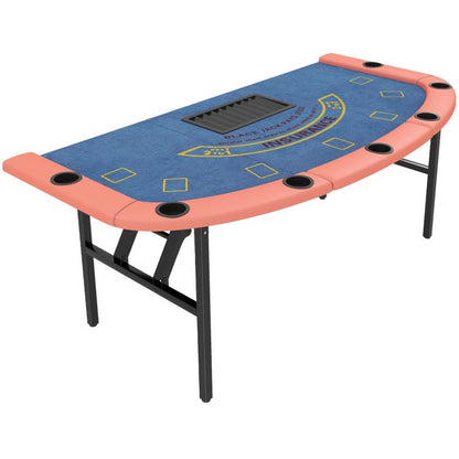 Foldable poker table with blue felt play surface and orange padded edge, cup holders included