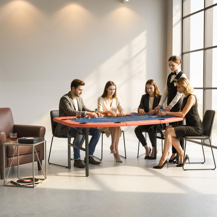 Foldable poker table with blue felt play surface and cup holders, shown with seating