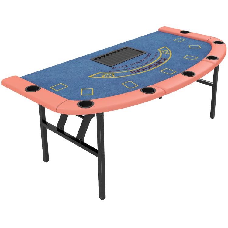Foldable poker table top with blue felt, orange frame, and six cup holders