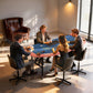Foldable blackjack/poker table with blue felt and orange armrest edge, set for 4 players