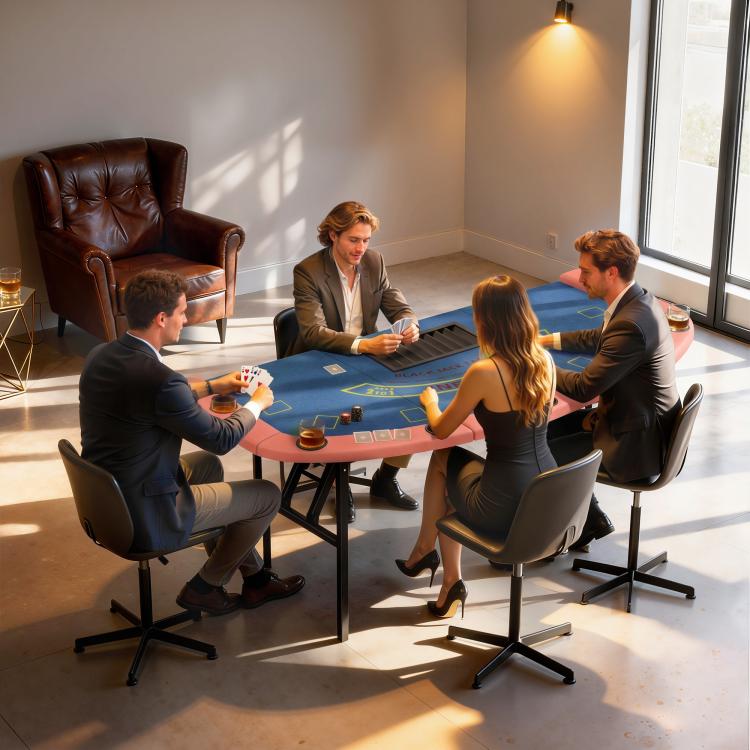 Foldable blackjack/poker table with blue felt and orange armrest edge, set for 4 players