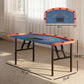 Foldable poker table with blue felt top, orange padded edges, and black folding legs