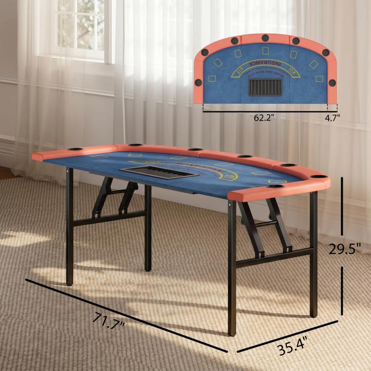 Foldable poker table with blue felt top, orange padded edges, and black folding legs