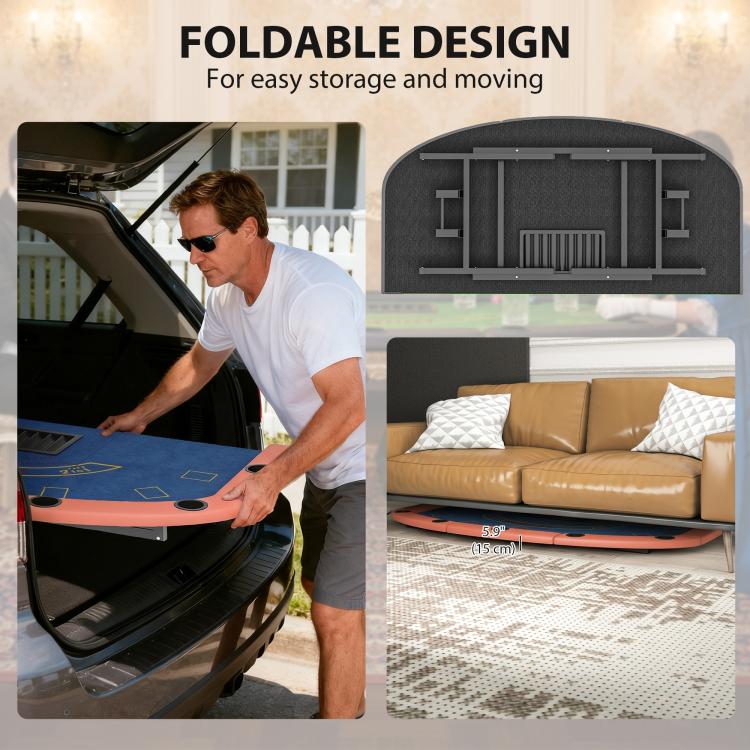 Foldable poker table with top lifted to show storage design and padded orange edge