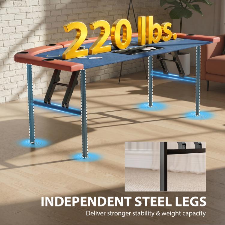 Portable poker table with blue felt, orange padding, and independent steel legs