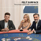 Poker table with blue felt playing surface and orange padded edge with cup holders