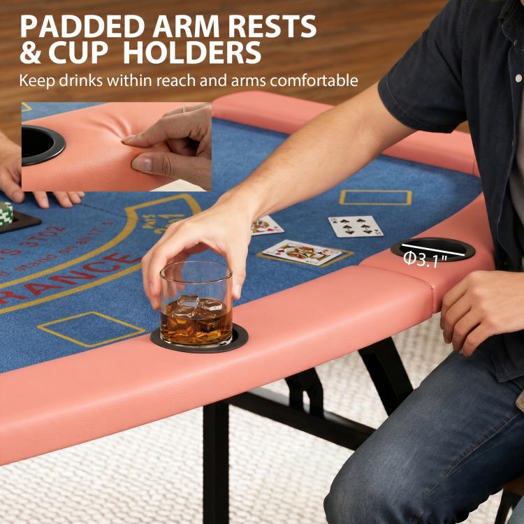 Poker table corner with padded armrest and built-in cup holder on blue felt