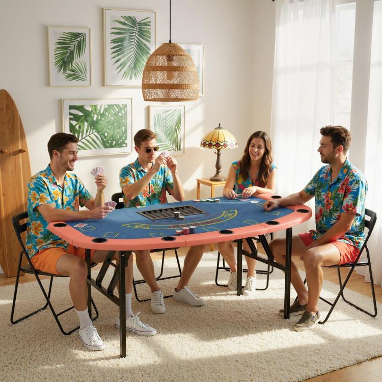 Portable poker table with blue felt play area and orange padded border for group play