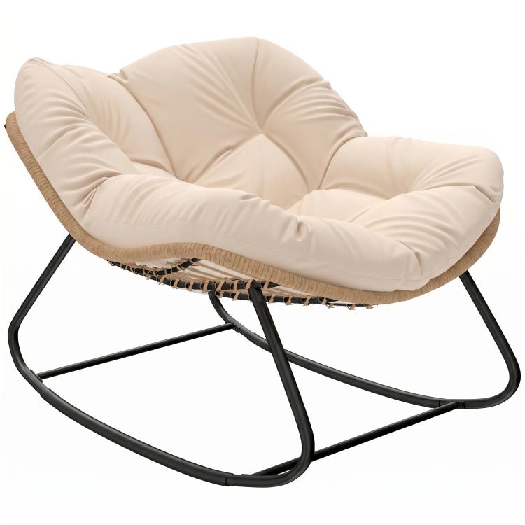 Cream padded rocking egg chair with tufted back cushion, woven edge, black frame