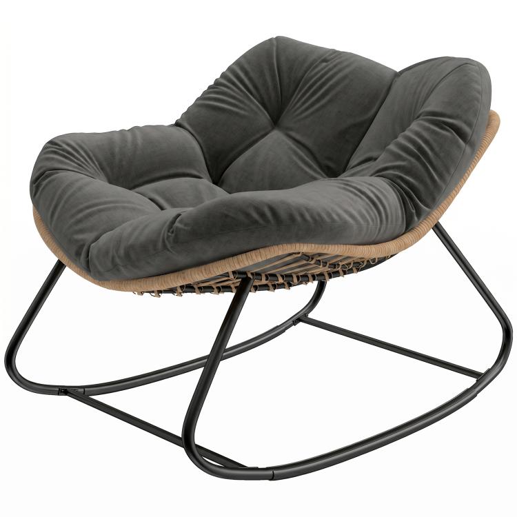 Dark gray tufted cushion rocking egg chair with woven wicker seat and black frame