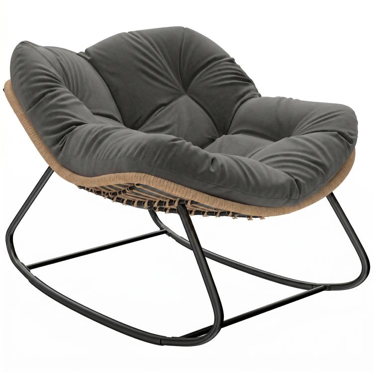 Dark gray cushioned rocking egg chair with woven base and black metal frame