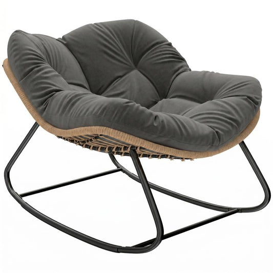 Dark gray oversized rocking egg chair with tufted cushion and black metal base